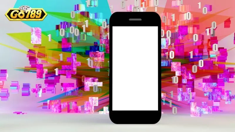 Điện thoại giữa luồng dữ liệu số minh họa tốc độ tải của app GO789