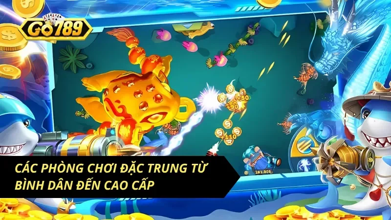 Hình minh họa các cấp phòng chơi và mức đạn trong Tam Tiên bắn cá GO789