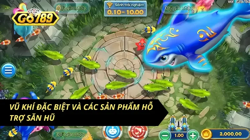Giao diện điều khiển súng và khu vực hiển thị các sinh vật trong Tam Tiên bắn cá GO789